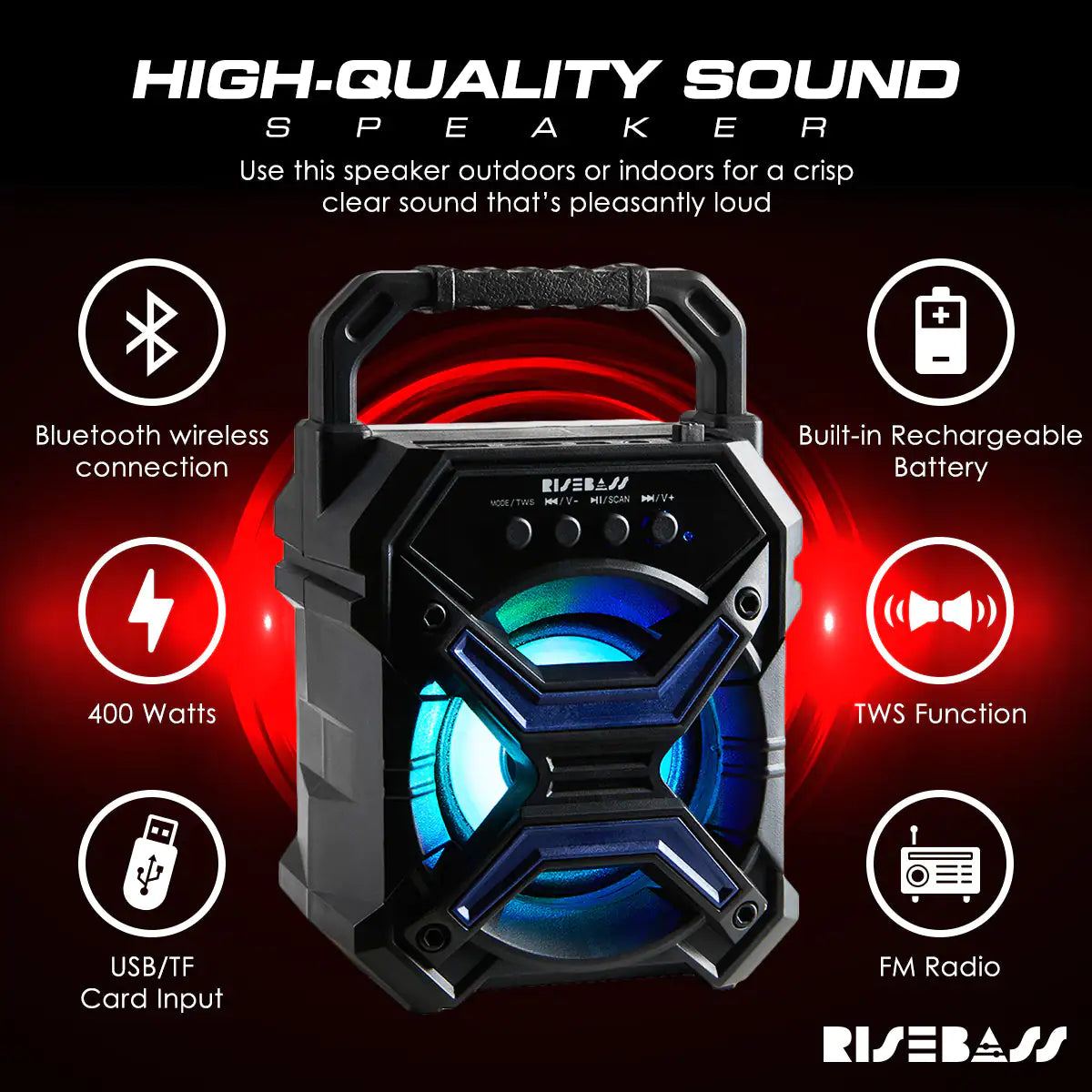 Altavoz Bluetooth Portátil Inalámbrico con Función TWS - Altavoz Bluetooth Recargable - Luces Destellantes LES