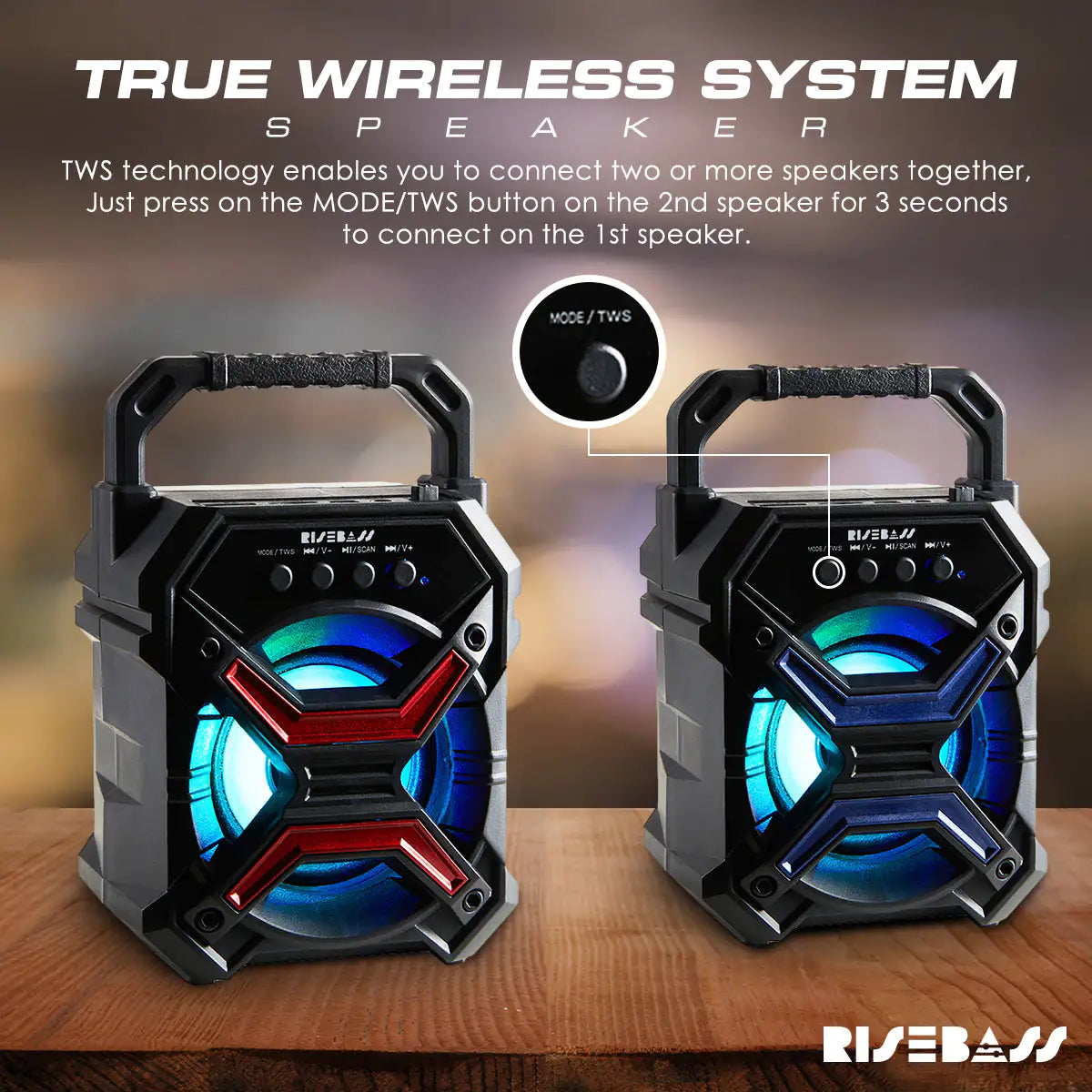 Altavoz Bluetooth Portátil Inalámbrico con Función TWS - Altavoz Bluetooth Recargable - Luces Destellantes LES